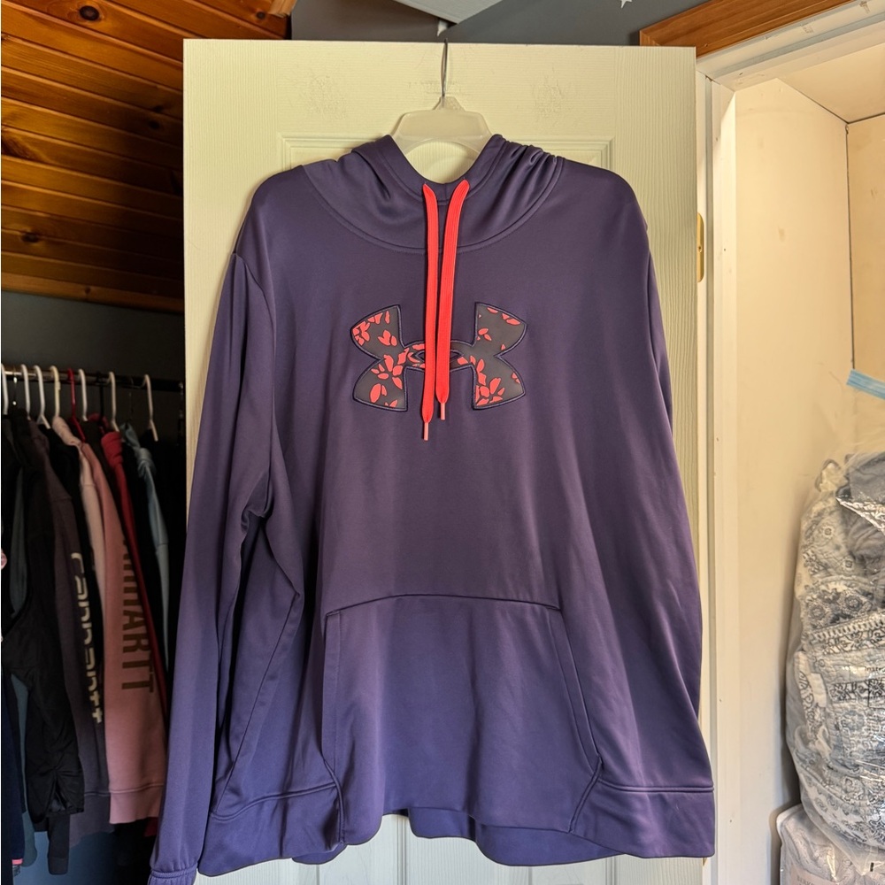 Under Armour Purple Hoodie with Pink Floral Logo and Pink Drawstrings